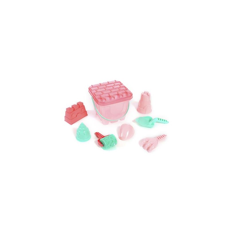 Cubo playa con accesorios y tapa color rosa